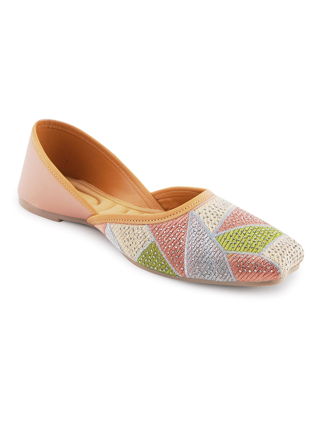 embellished juttis featuring a vibrant geometric pattern with sparkling details
Peach