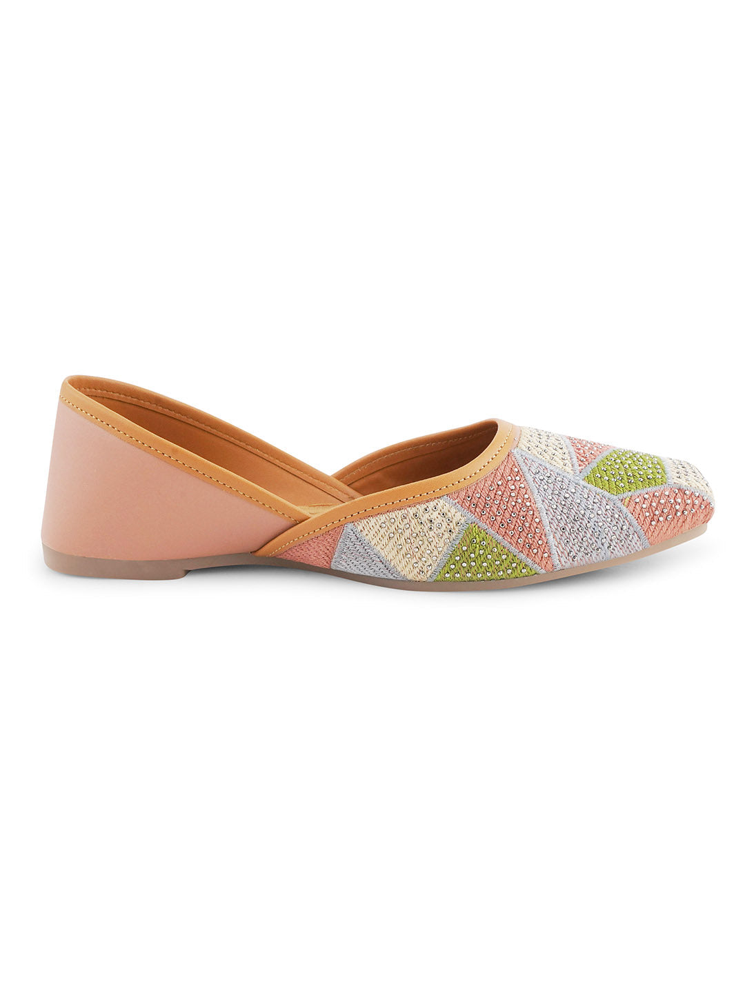 embellished juttis featuring a vibrant geometric pattern with sparkling details
Peach
