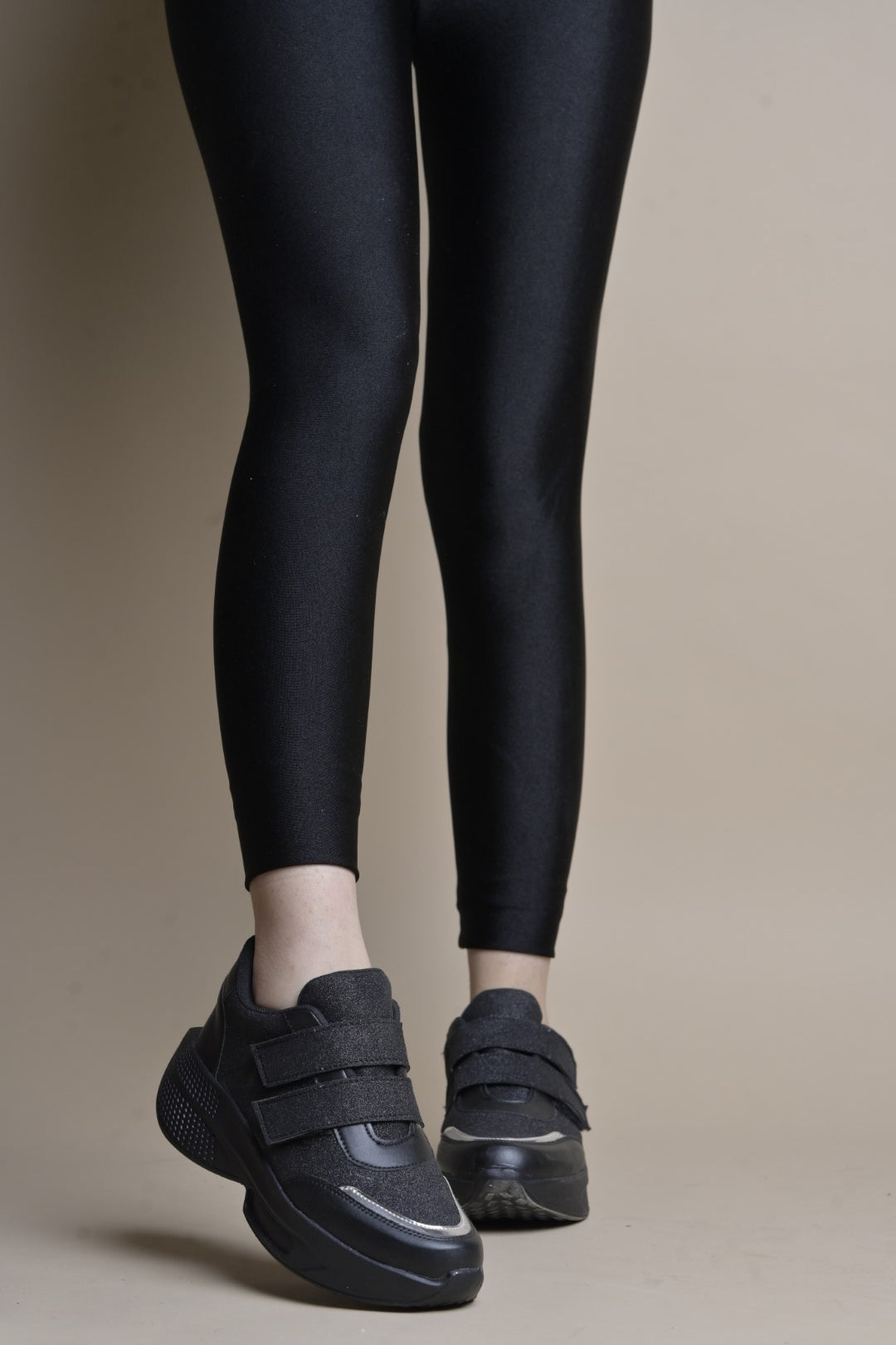 Jm Looks chunky sole sneakers with a glitter upper and three velcro straps
Black