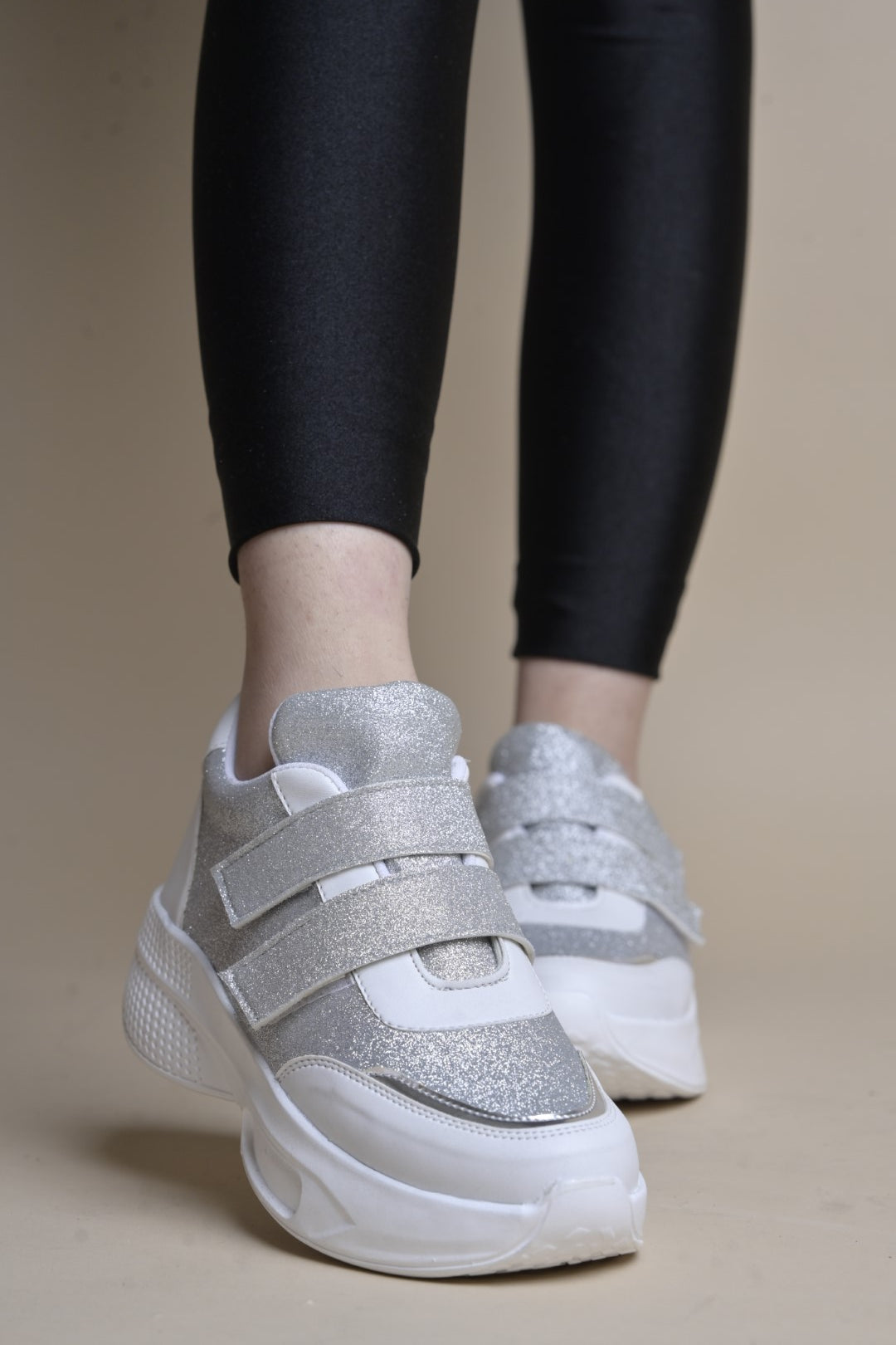Jm Looks chunky sole sneakers with a glitter upper and three velcro straps
White