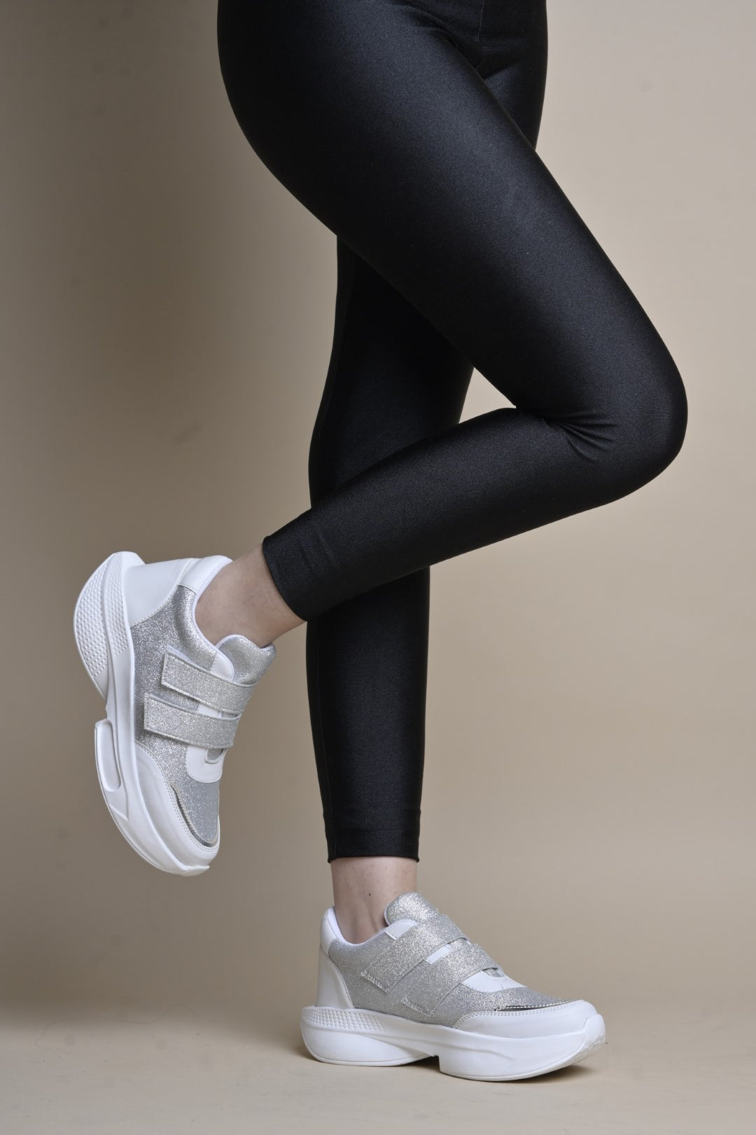 Jm Looks chunky sole sneakers with a glitter upper and three velcro straps
White