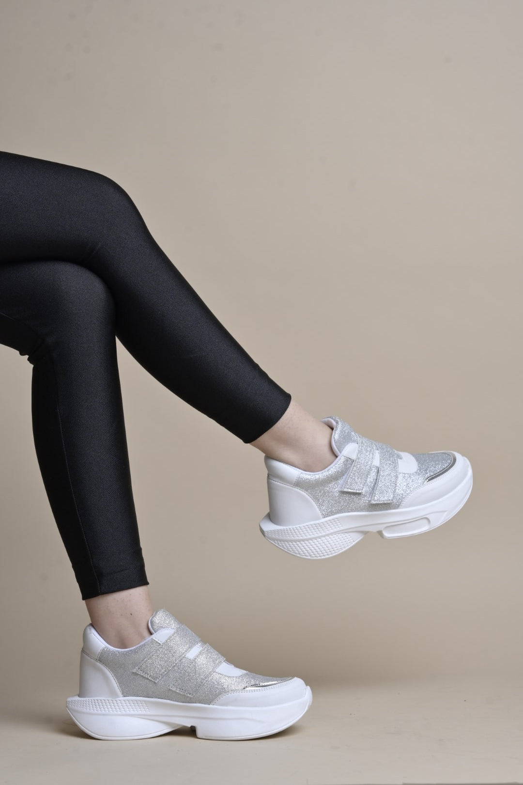 Jm Looks chunky sole sneakers with a glitter upper and three velcro straps
White