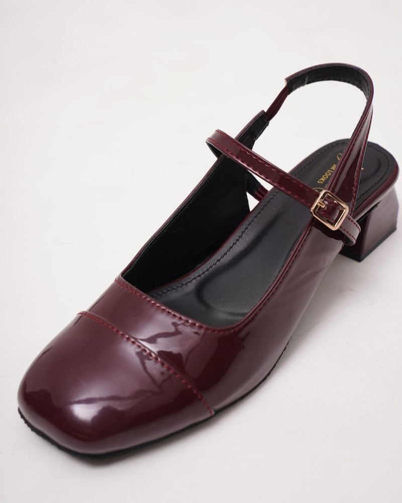 Slingback Glossy Block Heels With Buckle - 5
