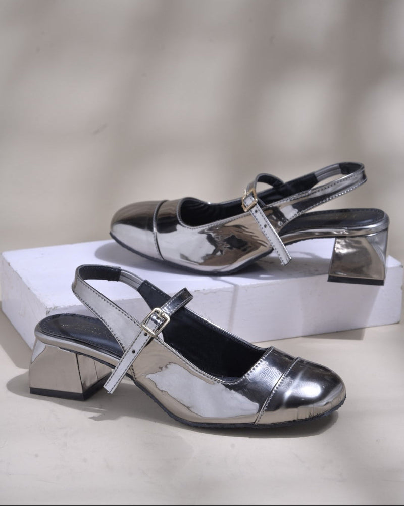 Slingback Glossy Block Heels With Buckle - 31