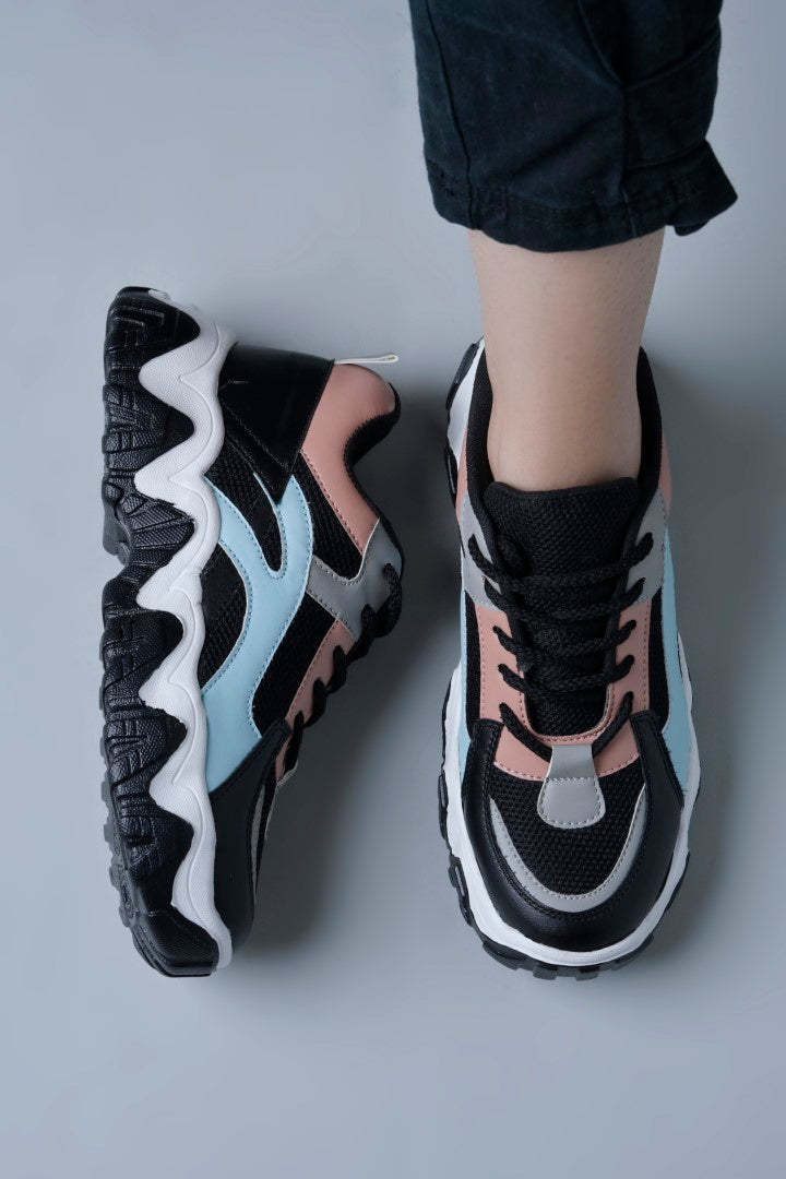 Jm Looks trendy chunky sole sneakers with wavy design elements
Black
