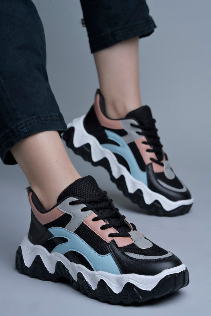 Jm Looks trendy chunky sole sneakers with wavy design elements
Black