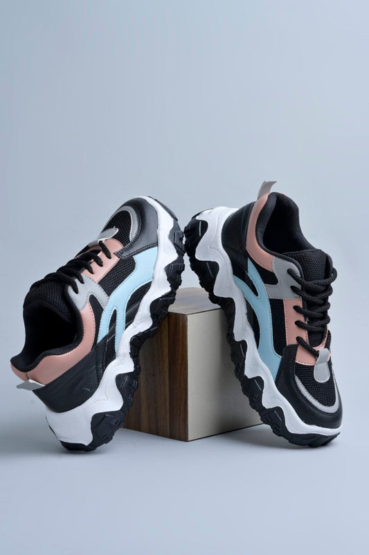 Jm Looks trendy chunky sole sneakers with wavy design elements
 Black