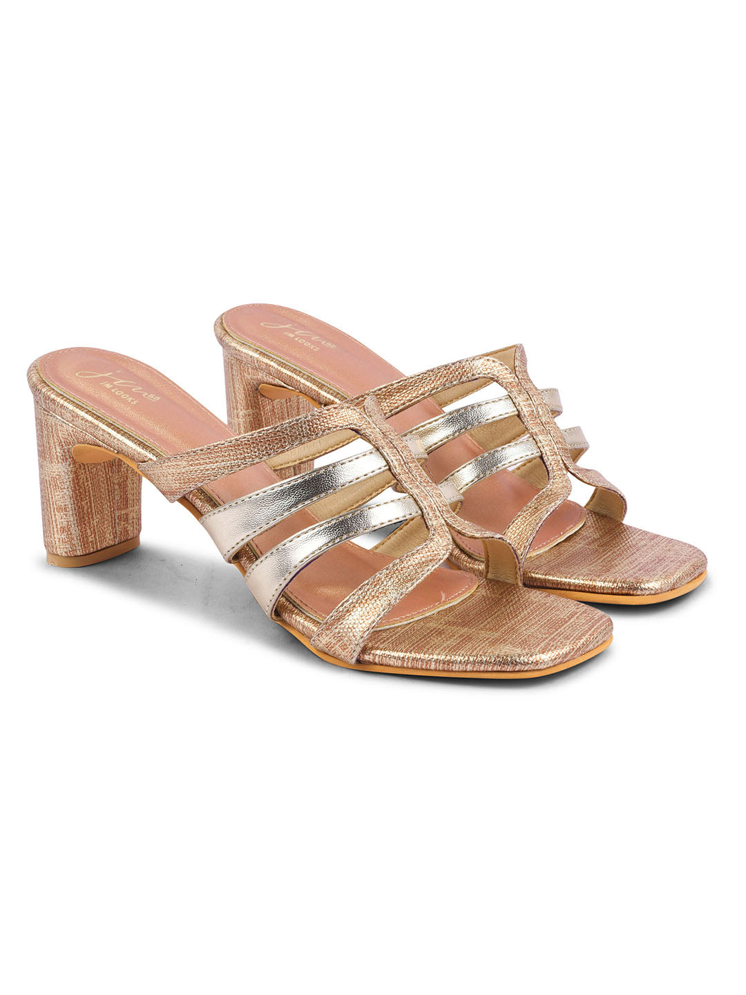 Jm Looks open-toe mules with multiple straps and a textured block heel
Golden