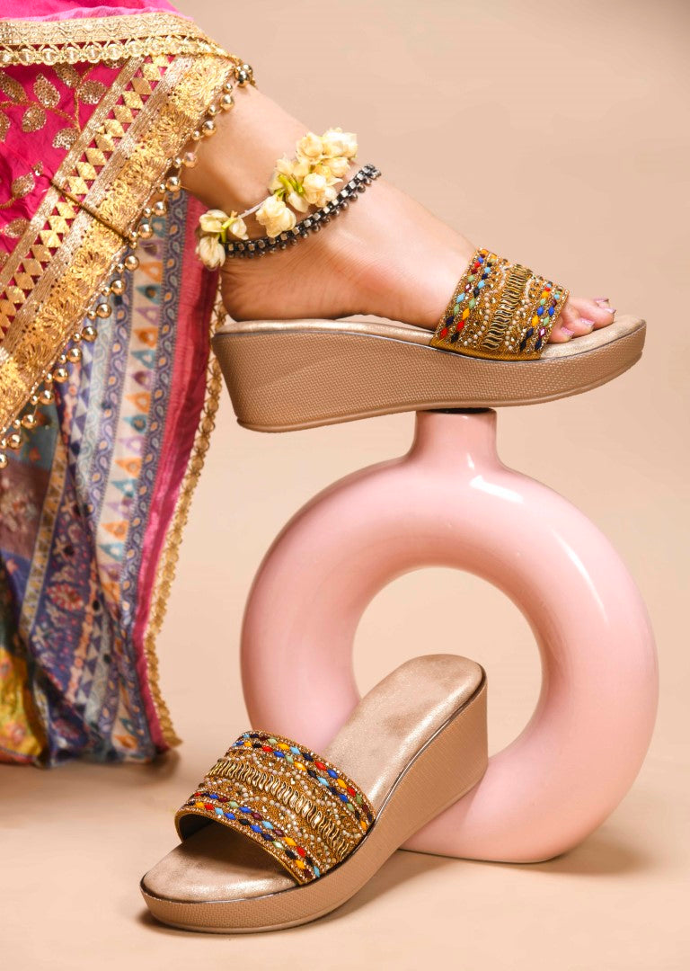JM Looks Women's Toe-Loop Embroidered Ethnic Sandals | Traditional Flat Slip-Ons Antique