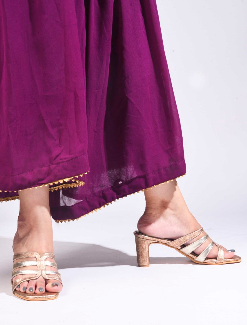 Jm Looks open-toe mules with multiple straps and a textured block heel
Golden