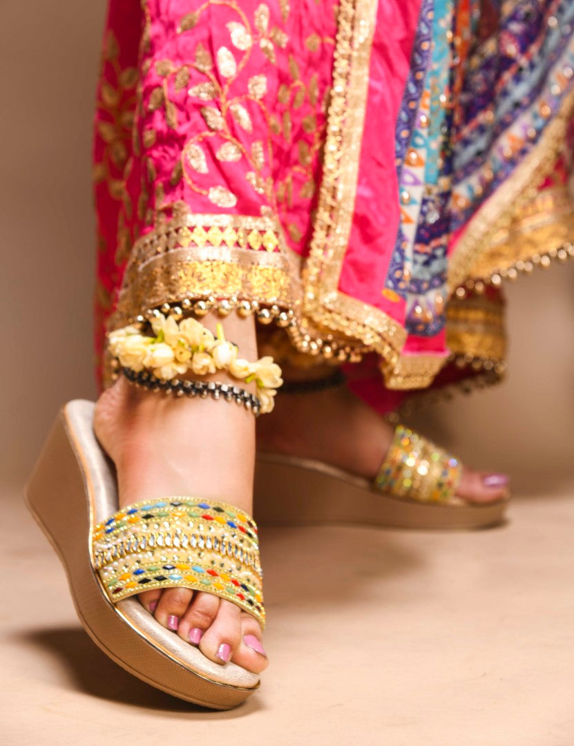 JM Looks Women's Toe-Loop Embroidered Ethnic Sandals | Traditional Flat Slip-Ons Golden