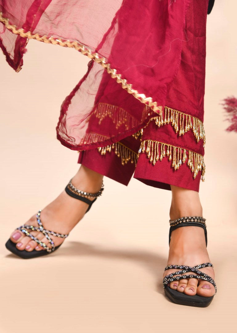 Jm Looks block heels with multiple embellished straps and an ankle strap
 Black