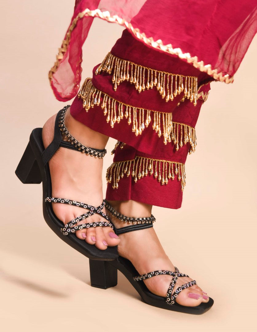 Jm Looks block heels with multiple embellished straps and an ankle strap
 Black
