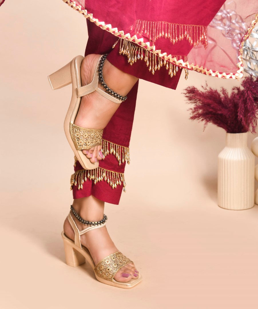 Jm Looks low block heels with an embellished broad front strap and an ankle strap
 Golden