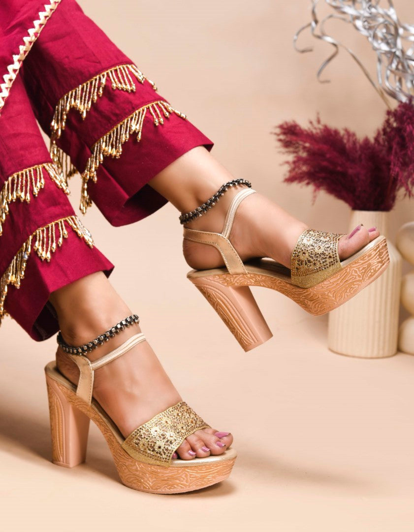 JM Looks Golden Ethnic Wedge Sandals | Embroidered Festive Footwear Golden
