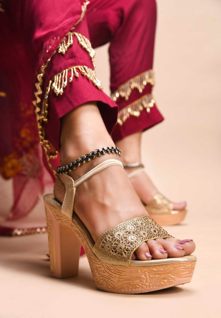 JM Looks Golden Ethnic Wedge Sandals | Embroidered Festive Footwear Golden