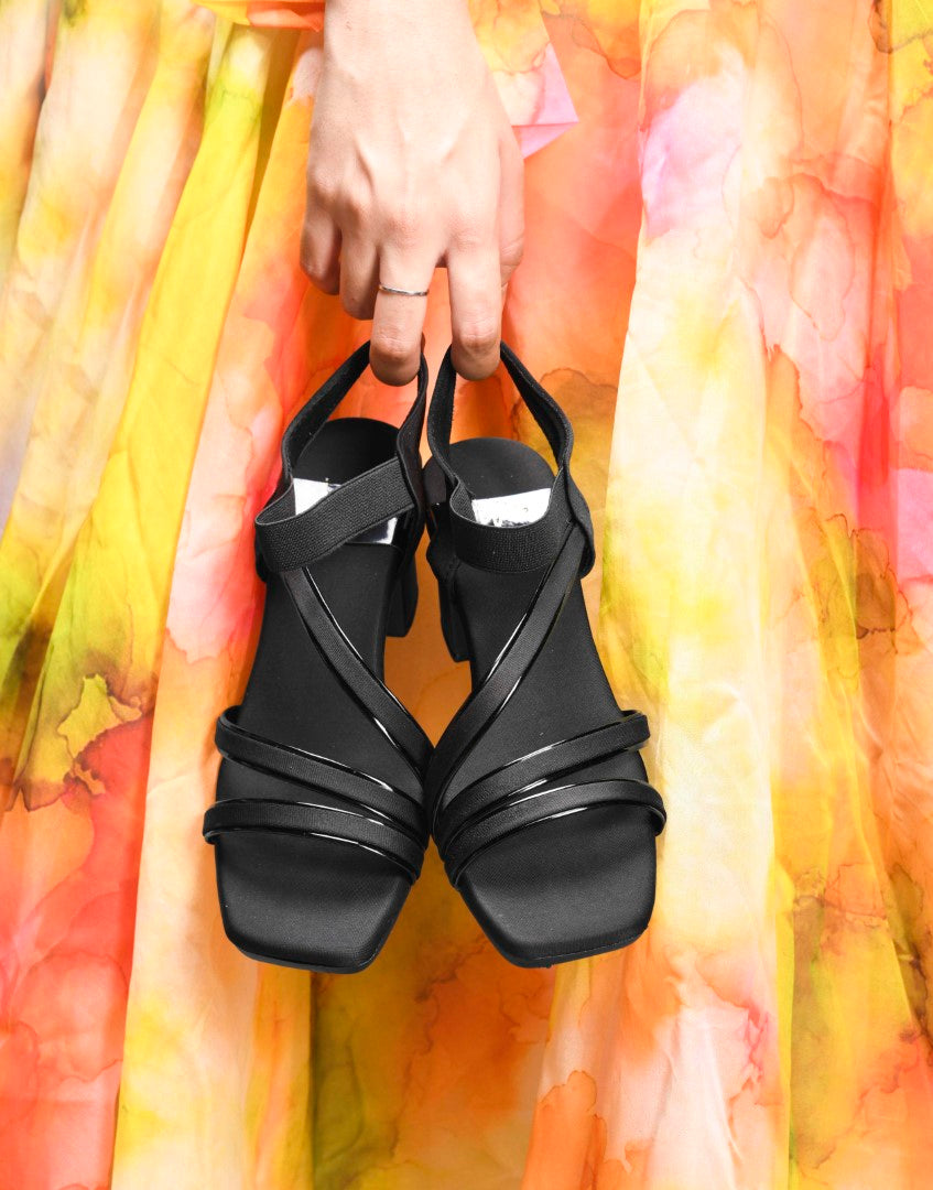 Jm Looks block heels with multiple thin straps and an elasticated ankle strap
Black