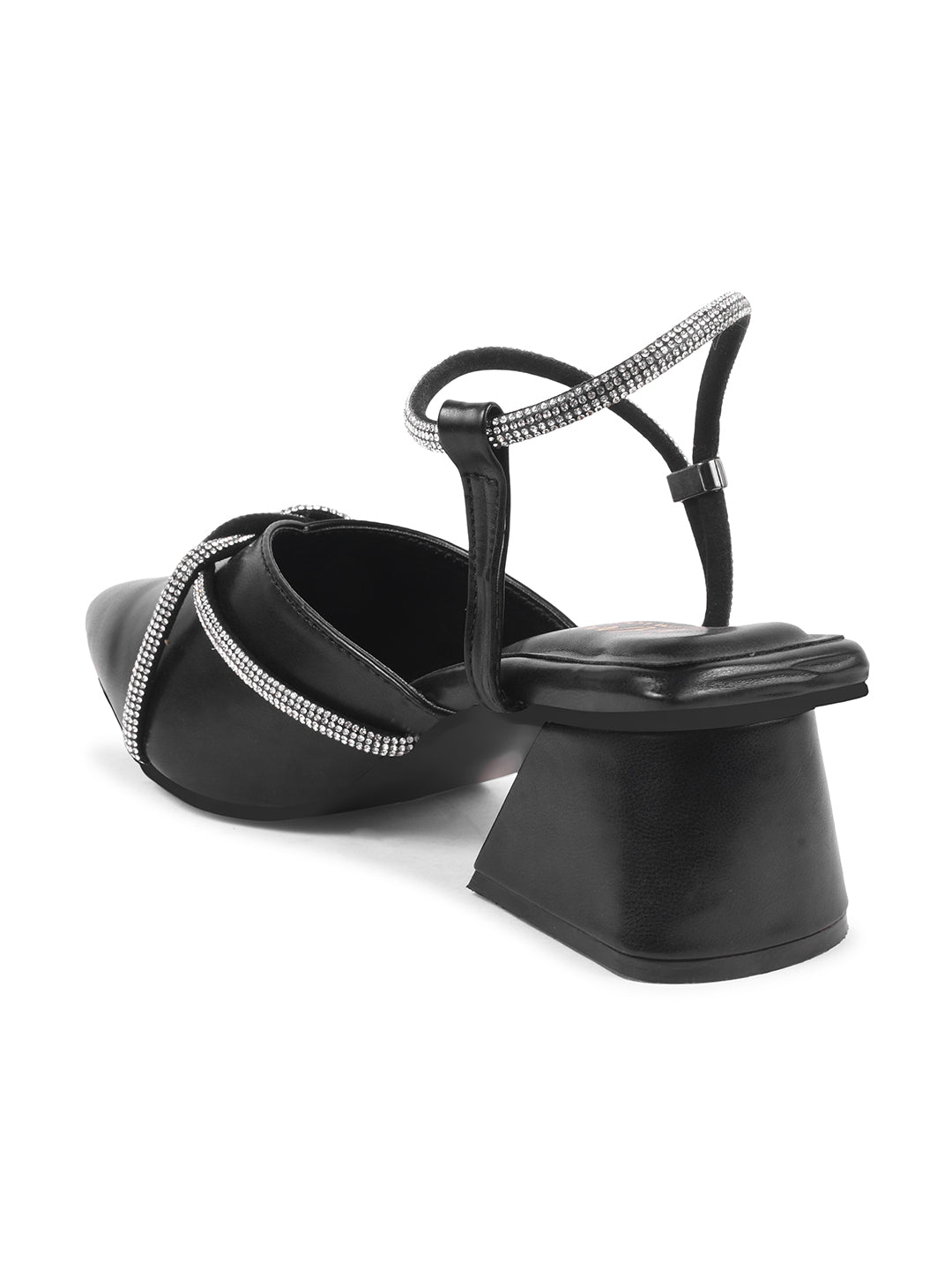 JM Looks women's pointed-toe block heels with embellished cross straps and a slingback
Black