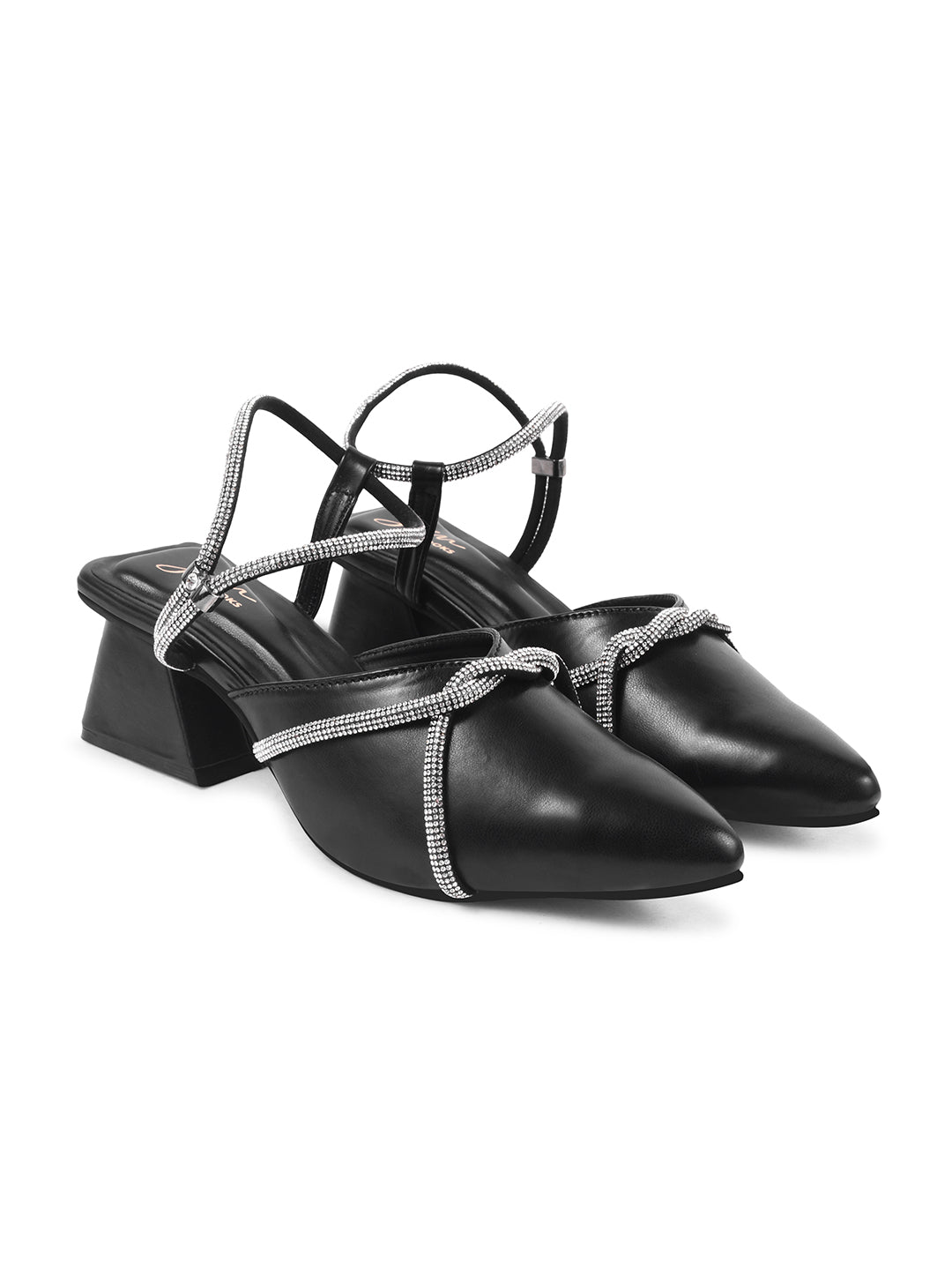 JM Looks women's pointed-toe block heels with embellished cross straps and a slingback
Black