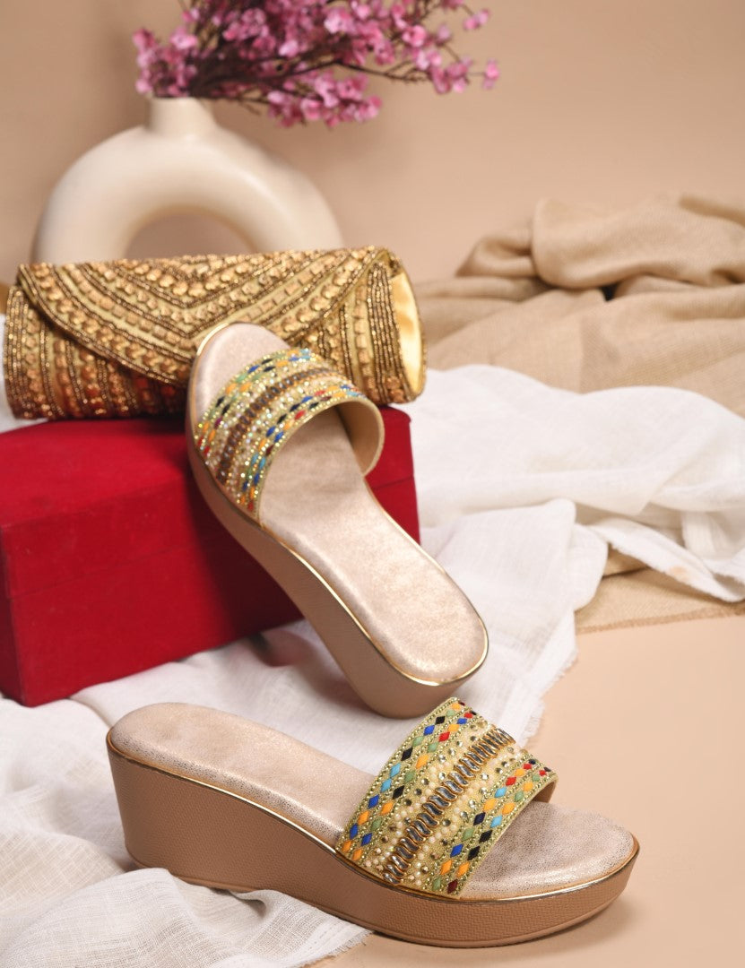 JM Looks Women's Toe-Loop Embroidered Ethnic Sandals | Traditional Flat Slip-Ons Golden