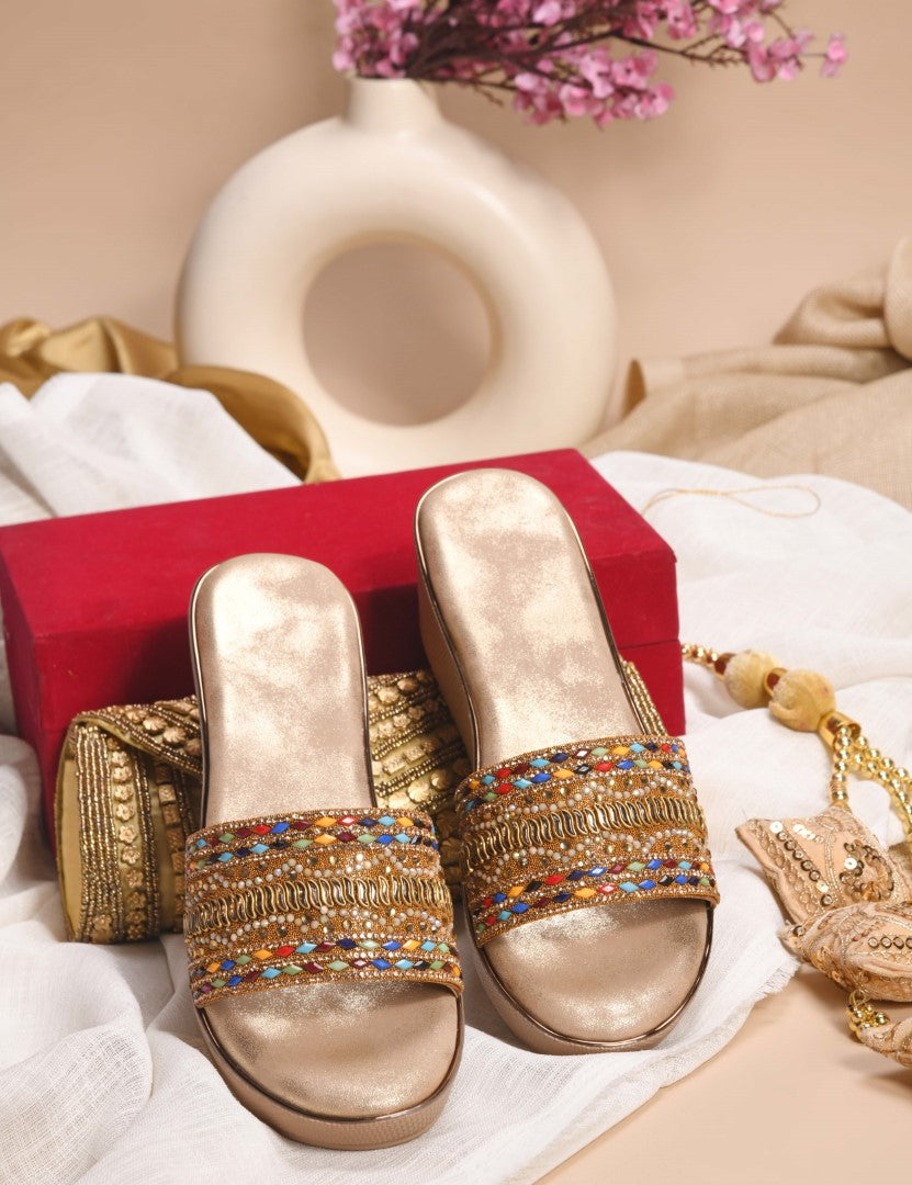 JM Looks Women's Toe-Loop Embroidered Ethnic Sandals | Traditional Flat Slip-Ons Antique