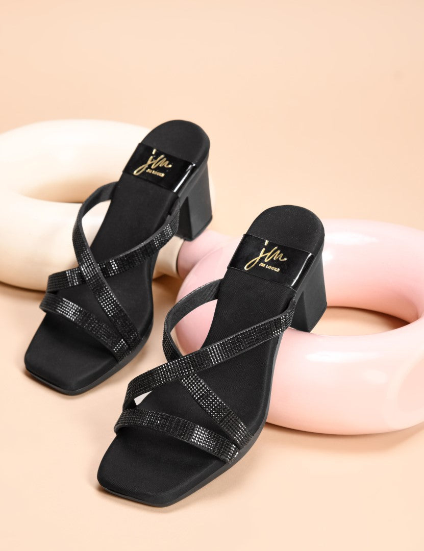Jm Looks block heels with shimmering criss-cross straps
Black