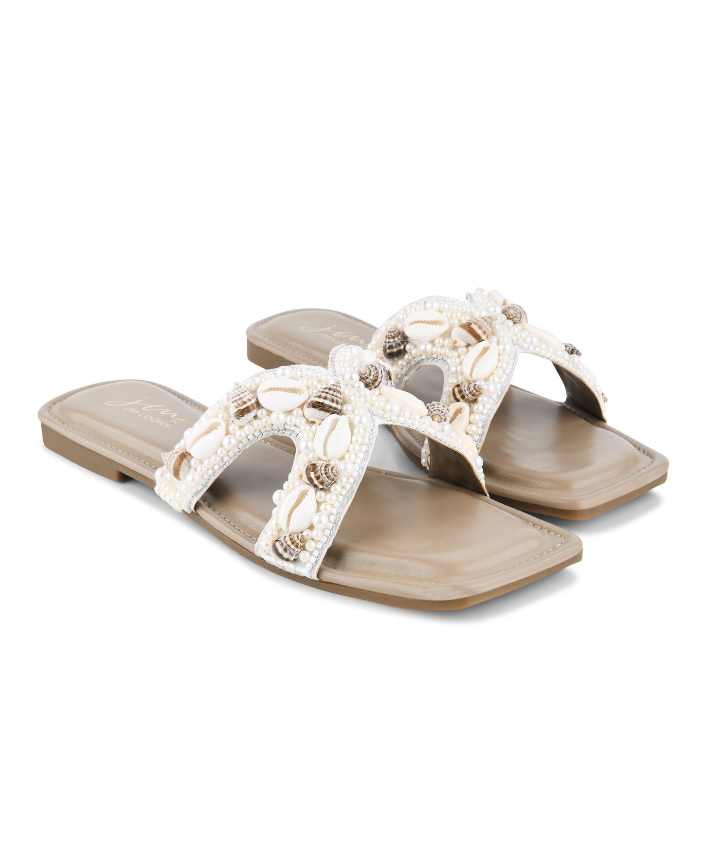 Shell embellished flat sandals for women with pearl beaded cream straps and square toe