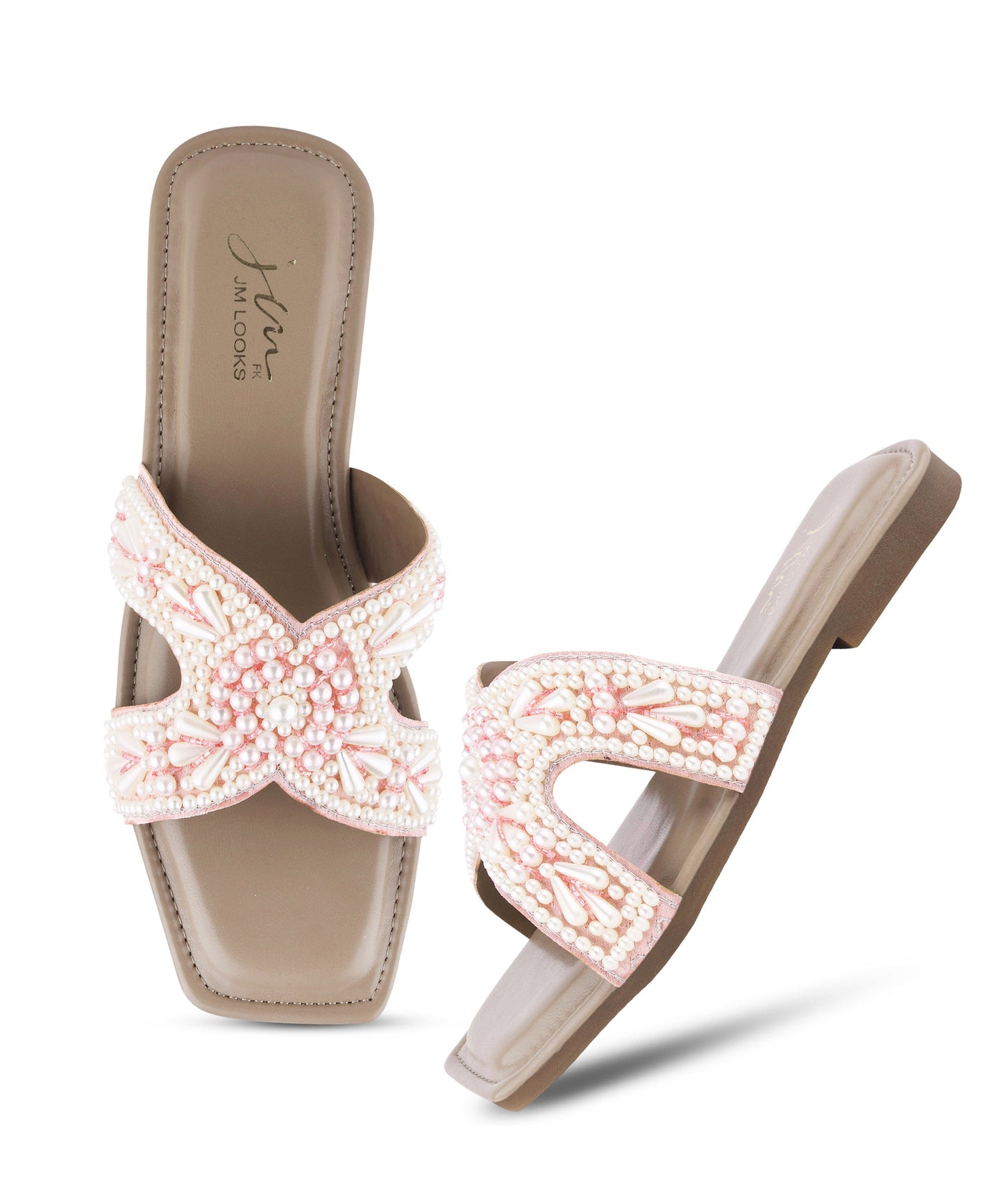 Pink embellished H strap flat slides with cream beaded detailing and square open toe design.