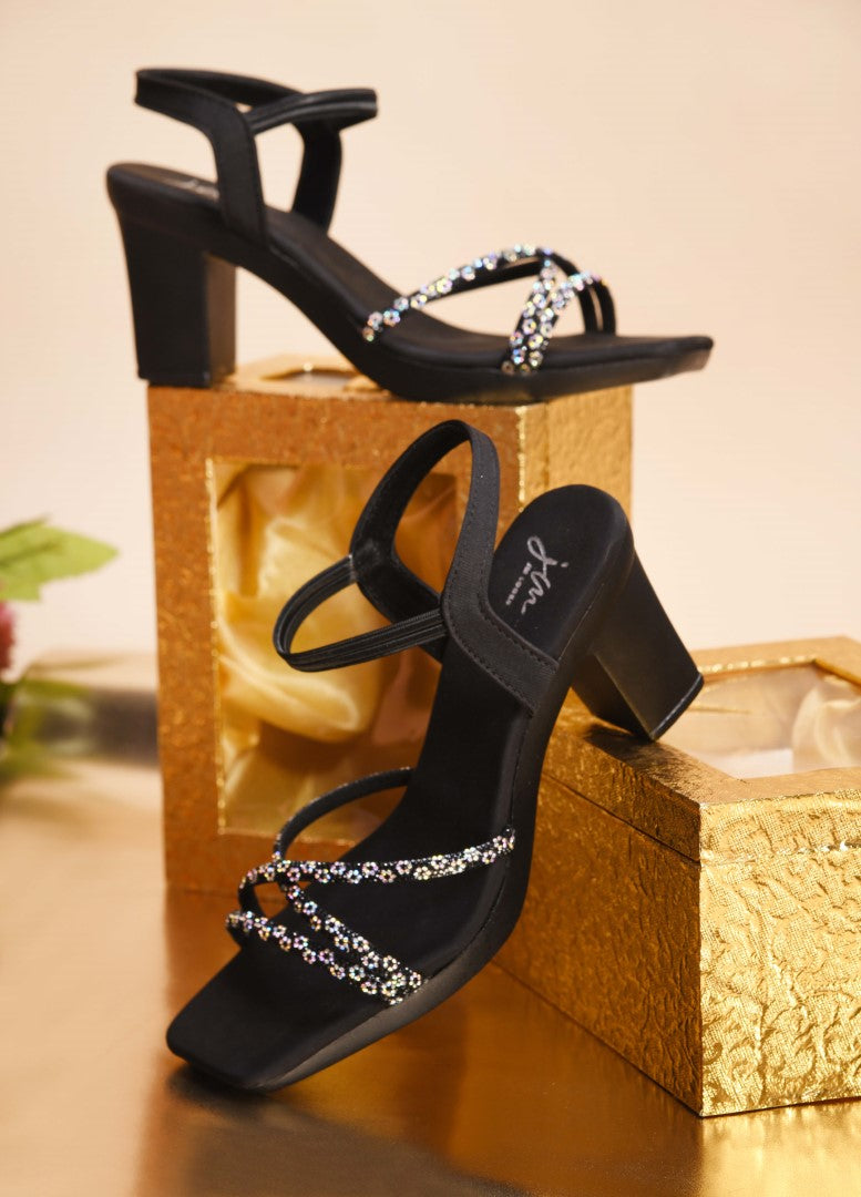 Jm Looks block heels with multiple embellished straps and an ankle strap
 Black