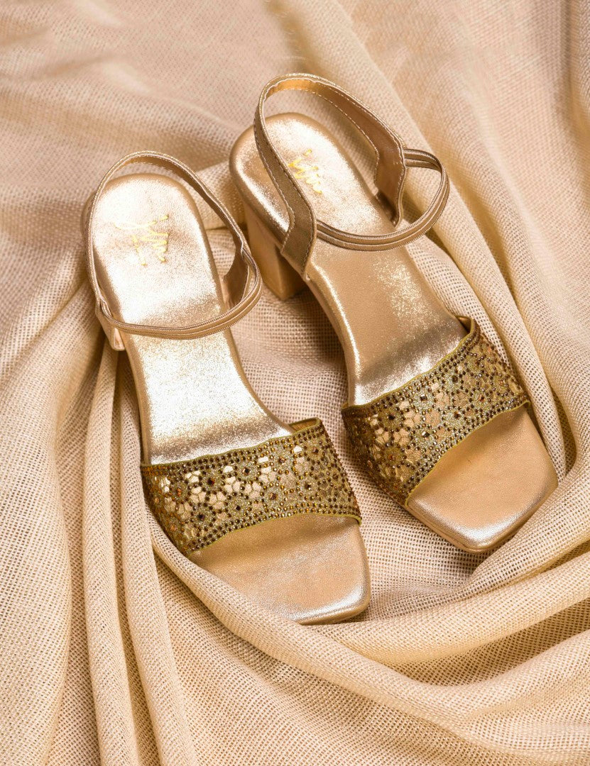 Jm Looks low block heels with an embellished broad front strap and an ankle strap
 Golden