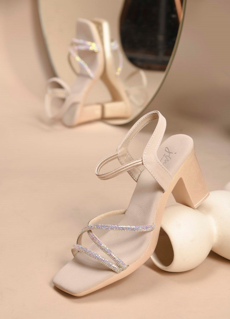 Jm Looks block heels with multiple embellished straps and an ankle strap
 Golden