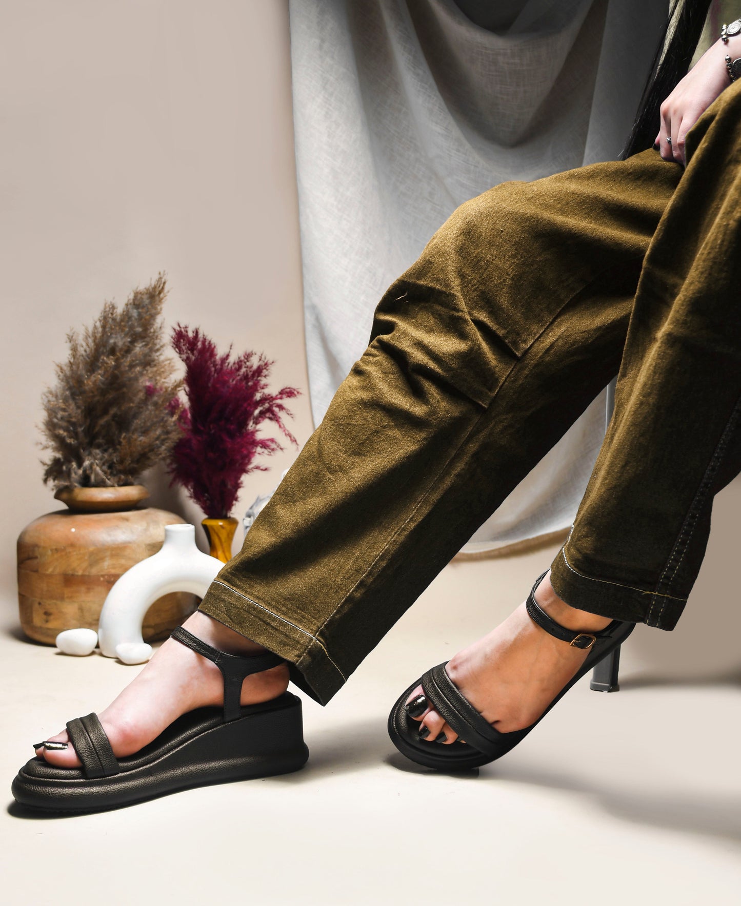 JM Looks platform wedge sandals with a single vamp strap and an adjustable ankle strap
Black