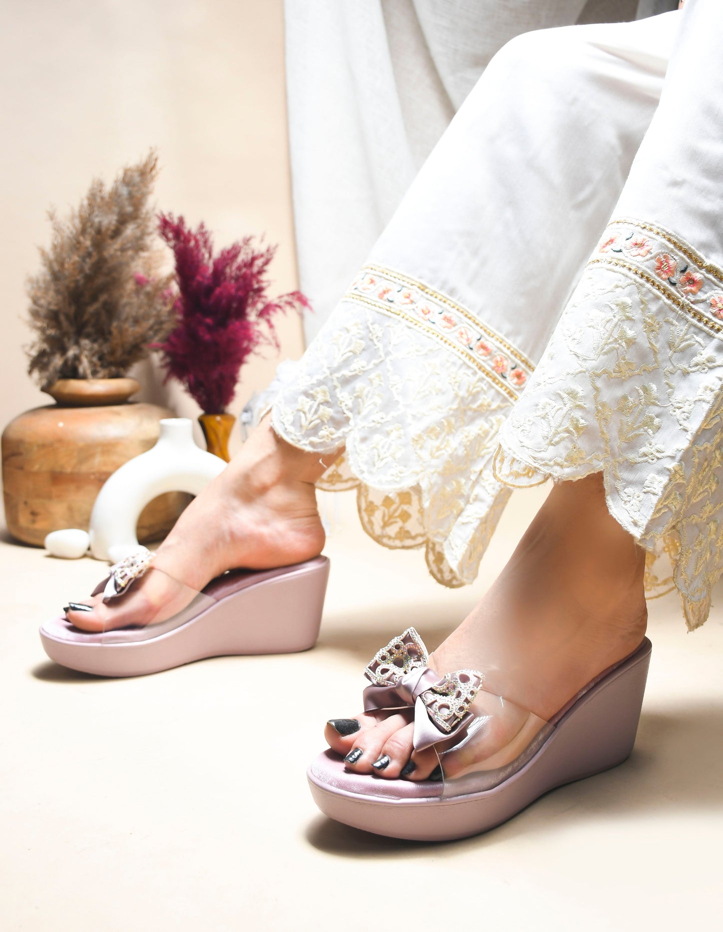 Jm Looks Embellished Bow Wedge Platform Sandals Wood-Rose