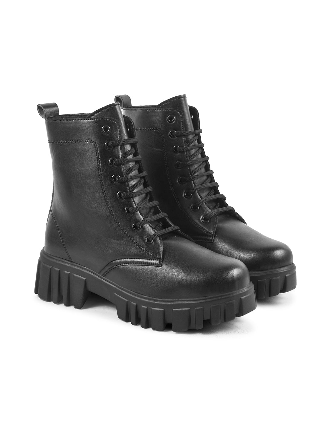 Jm Looks black lace-up combat boots with a heavy-duty lug sole
Black