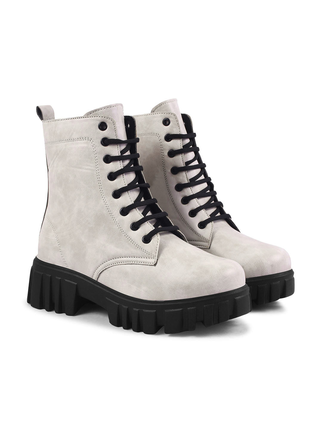 Jm Looks black lace-up combat boots with a heavy-duty lug sole
Cream