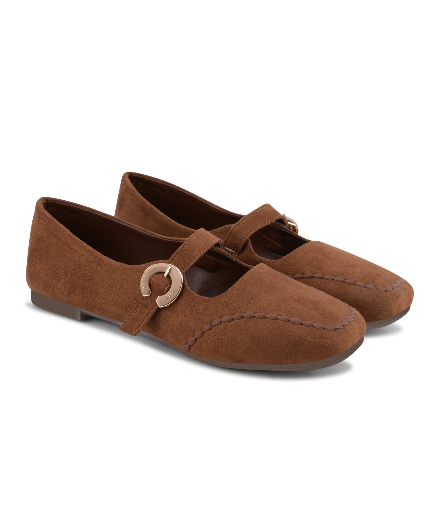 Tan suede Mary Jane flats for women with gold buckle strap, square toe, and cushioned insole