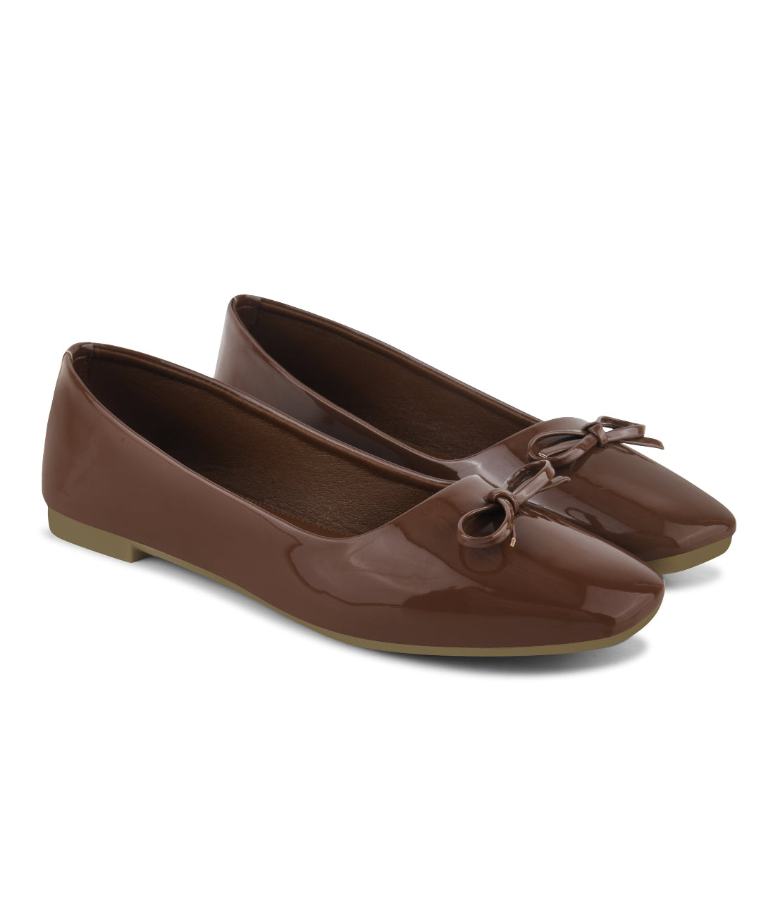 Brown Women Patent Leather Ballet Pumps Shoesl with Bow