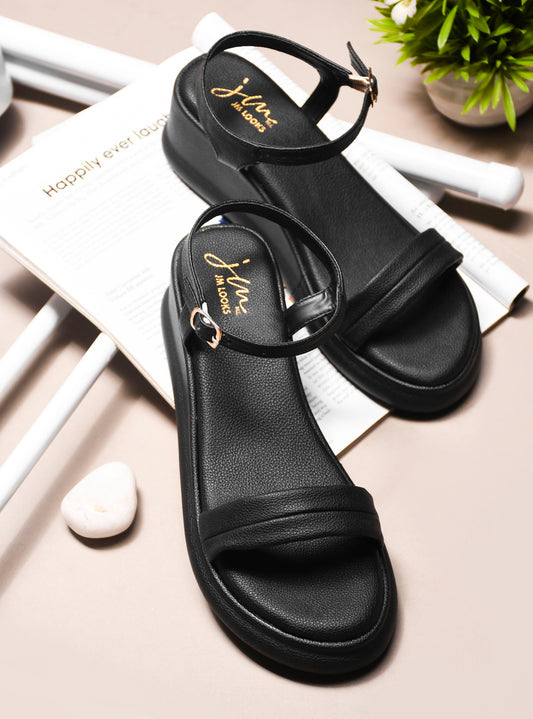 JM Looks platform wedge sandals with a single vamp strap and an adjustable ankle strap
 Black