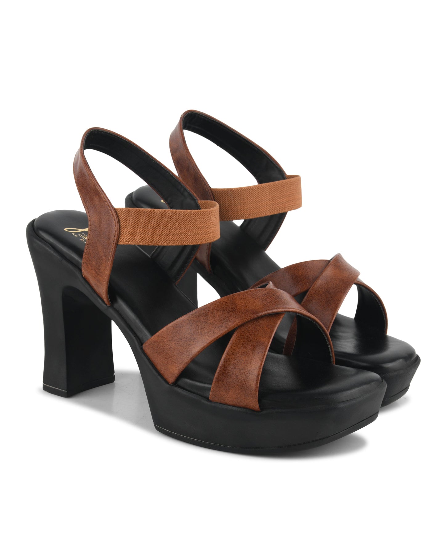 Block heels for women in tan with criss-cross straps, elastic back strap and chunky platform heel