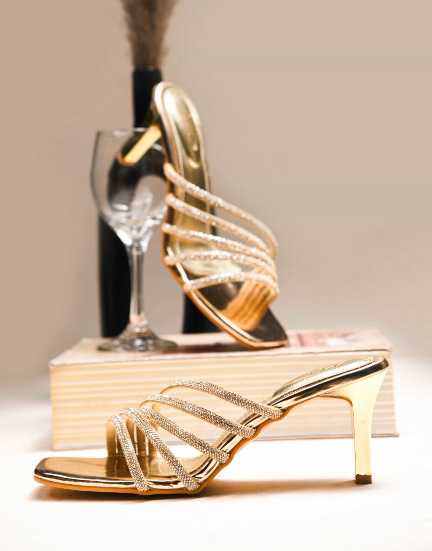 JM Looks heeled sandals with multiple embellished straps and a square toe
Gold