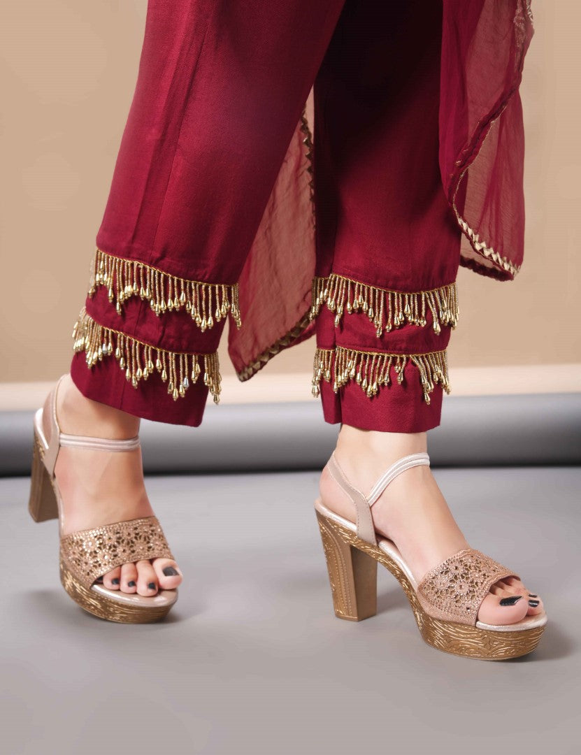 JM Looks Golden Ethnic Wedge Sandals | Embroidered Festive Footwear Sultan