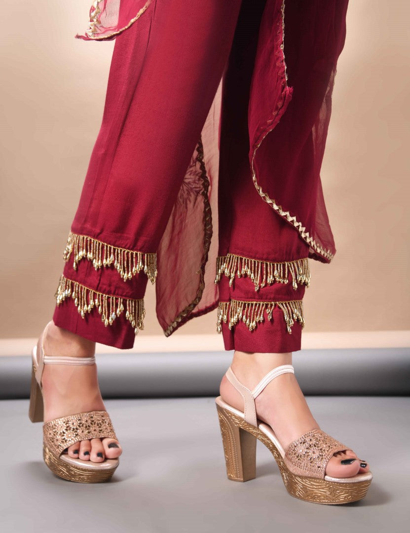 JM Looks Golden Ethnic Wedge Sandals | Embroidered Festive Footwear Sultan