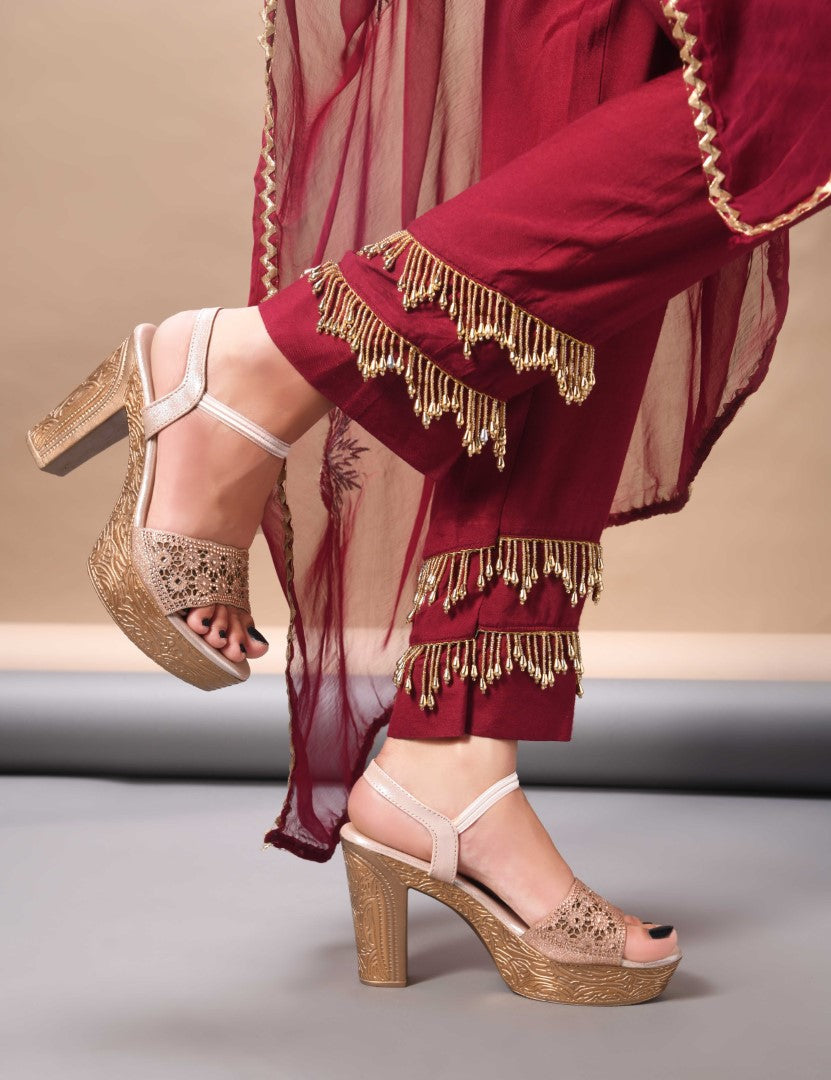 JM Looks Golden Ethnic Wedge Sandals | Embroidered Festive Footwear Sultan