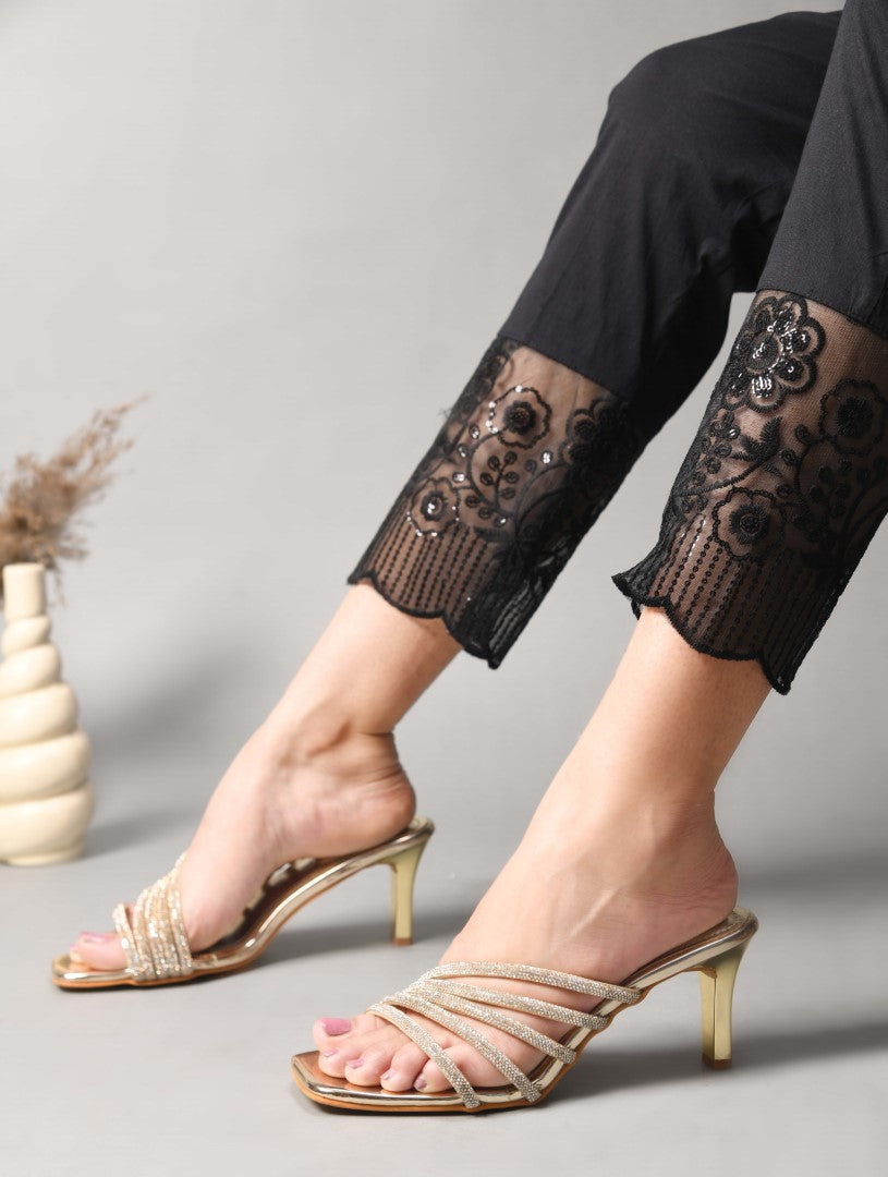 JM Looks heeled sandals with multiple embellished straps and a square toe
Gold