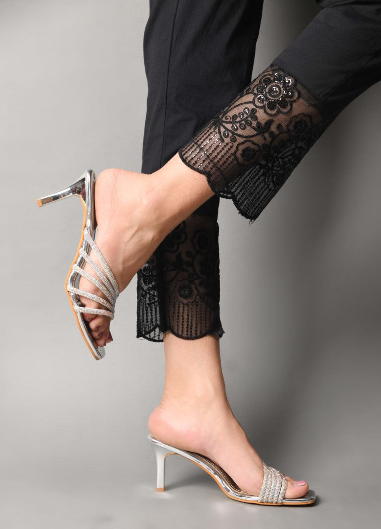 JM Looks heeled sandals with multiple embellished straps and a square toe
Silver
