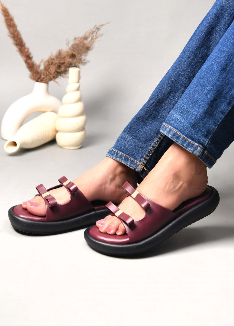 JM Looks slide sandals featuring multiple bow details on the wide straps and a flat sole
Cherry