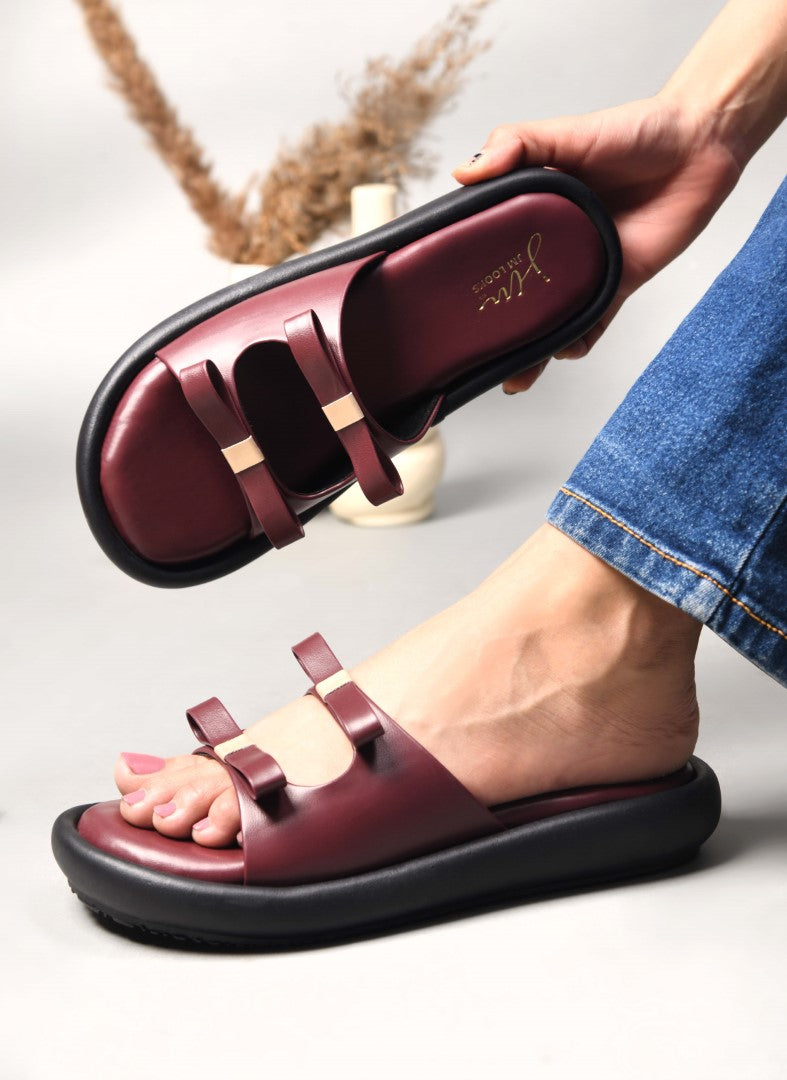 JM Looks slide sandals featuring multiple bow details on the wide straps and a flat sole
Cherry