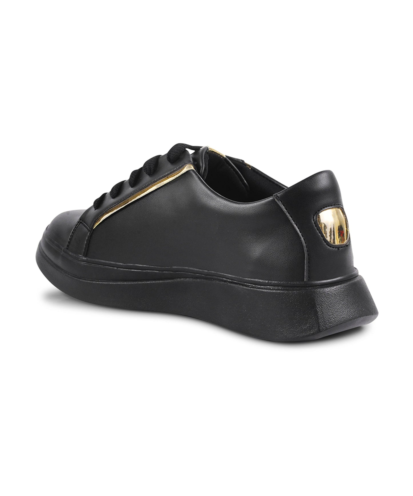 Black Metallic Sneakers for Women with lace-up closure gold butterfly logo and chunky white sole