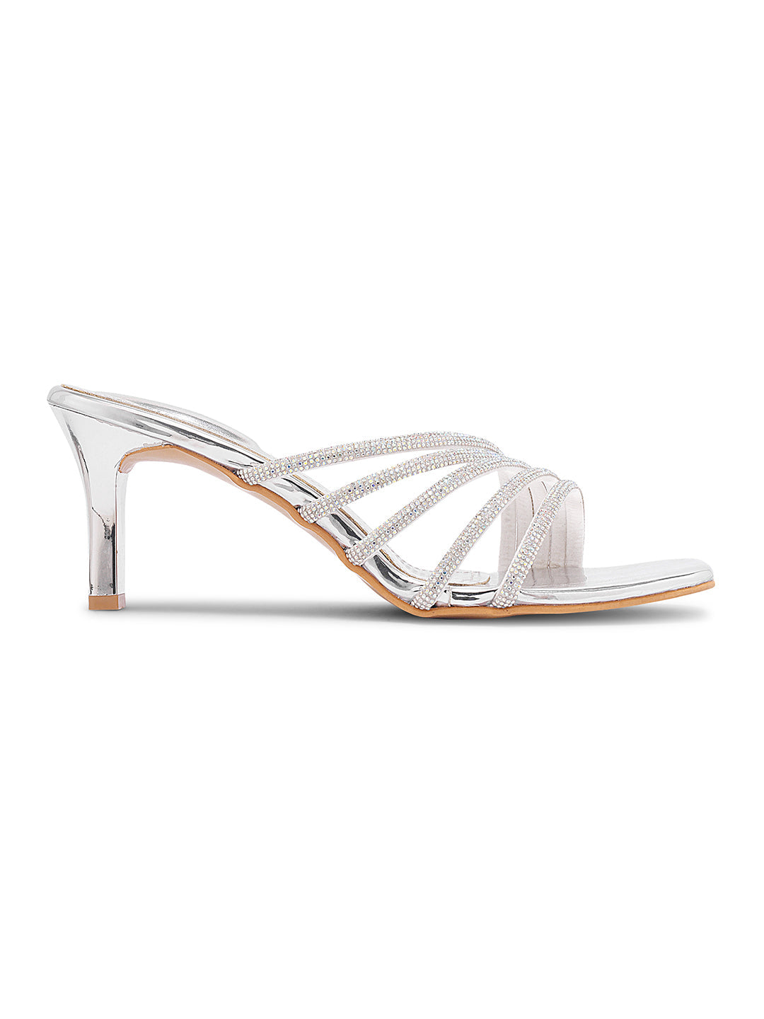 JM Looks heeled sandals with multiple embellished straps and a square toe
Silver