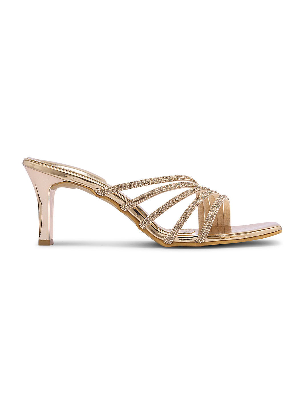 JM Looks heeled sandals with multiple embellished straps and a square toe
Gold
